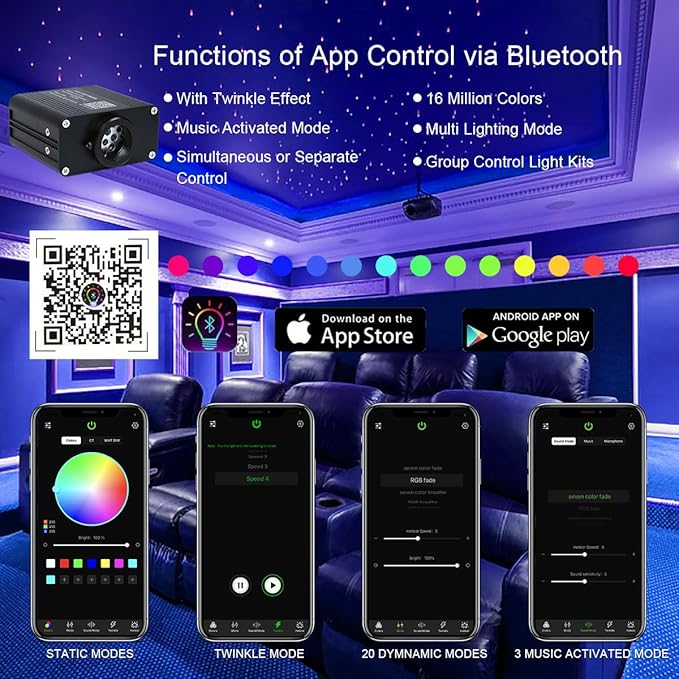 AKEPO Car/Home Small Size 16W Twinkle Fiber Optic Light Engine, RGBW Bluetooth APP Control + Music Activated + 28-Key Remote Control for Car Home Star Headliner