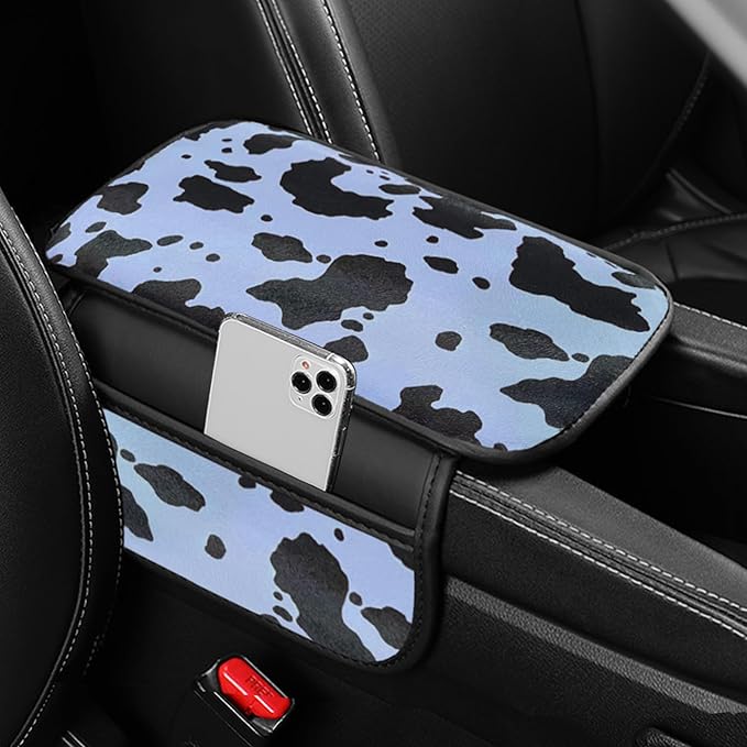 Cow Print Car Center Console Cover PVC Leather Armrest Cushion with 2 Storage Bags Universal Car Armrest Seat Box Pad Car Interior Accessories Protector for Women Men (Blue Black)