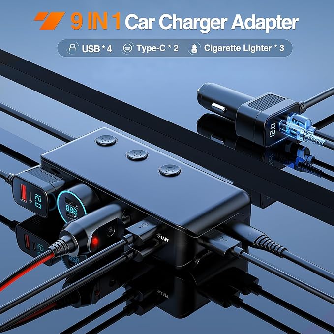 Nilight 9 in 1 Cigarette Lighter Adapter Splitter 3 Sockets PD 65W and QC3.0 18W Ports with Independent Switches LED Voltage Display for 12V 24V Cars SUV Van Truck Jeep Camper