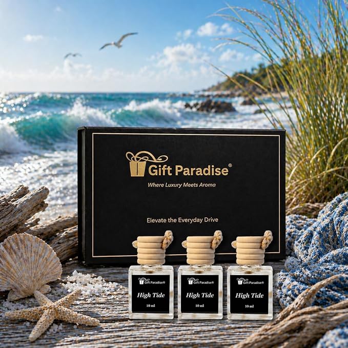 Gift Paradise® High Tide Car Air Freshener Set of 3 – 10 ml Hanging Diffusers, Fresh Ocean Aquatic Scent, Long Lasting Fragrance for Car, Home & Office – Magnetic Gift Box