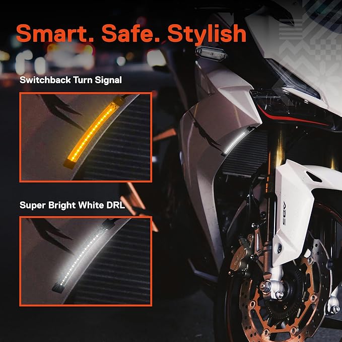 TRUE MODS 2pc 5" LED Motorcycle Front Fork Switchback Cold White DRL Running & Amber Turn Signal Light Strip Kit [Waterproof] [Blinker] Flexible Self Adhesive Universal Surface Mount for UTV ATV Bike