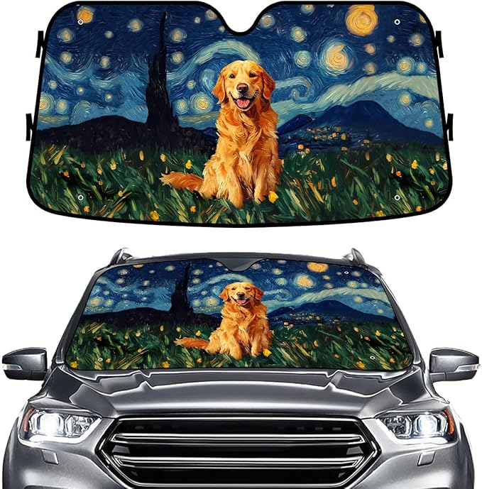 Genany Golden Retriever Art Windshield Sun Shade for Car SUV Truck (55x30 Inches), Sun Shade Windshield, Shades for Windows, Protector Blocks UV, Car Decor