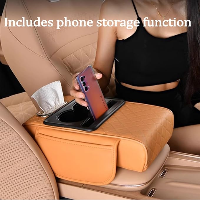 Multifunctional Pu Leather Car Armrest Box Mat, 5-In-1Multifunctional Car Armrest Cushion, Car Arm Rest Cover Pad, Center Console Organizer with Cup Holder, Tissue Box & Phone Slot (Coffee)