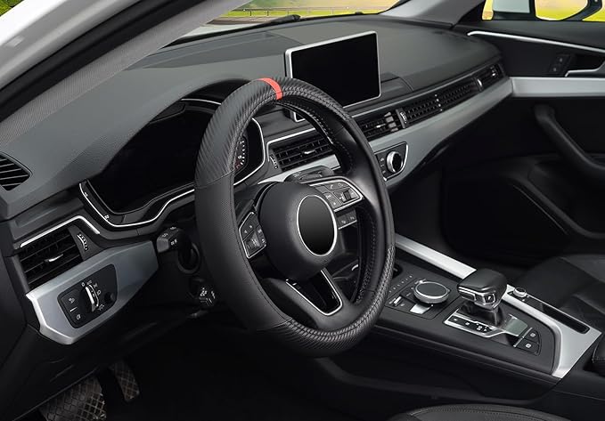 KAFEEK Car Steering Wheel Cover Men, Universal 15 inch, Microfiber Leather Carbon Fiber Black Steering Wheel Accessories, Anti-Slip, Odorless, Breathable, Black