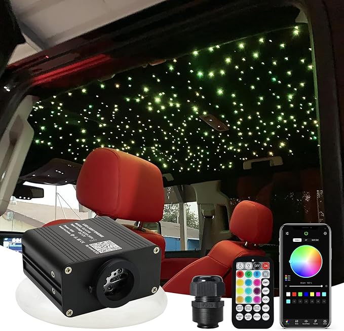 AMKI RGBW 16W Starlight Headliner Kits 550pcs*0.03in*9.8ft Cables Twinkle + Music Mode APP Remote Sound Control Fiber Optic Light for Car Home Star Ceiling Light Kit