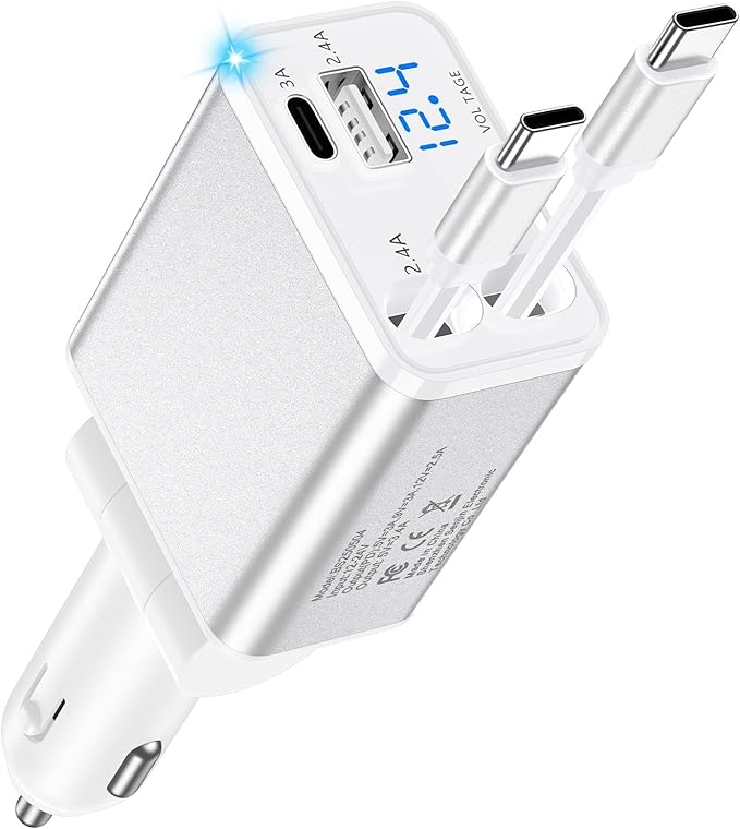 Retractable Car Phone Charger USB C, 4 in 1 Fast Car Charging Adapter with 2 Flexible USB C Cable for iPhone 17e 17 Samsung S26 Android, USBC Cigarette Lighter Gift for Men Android Auto Adapter