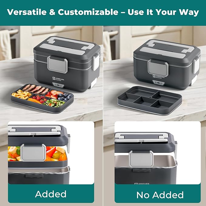 Annie & Mia Design Electric Lunch Box for Adults, 100w 3.5L 2-Layer Portable Food Warmer, Dual Mode 2.5L + 1L Heated Lunch Box for Adults, Home/Car/Office/Truck Use, Lonchera Eléctrica Portátil