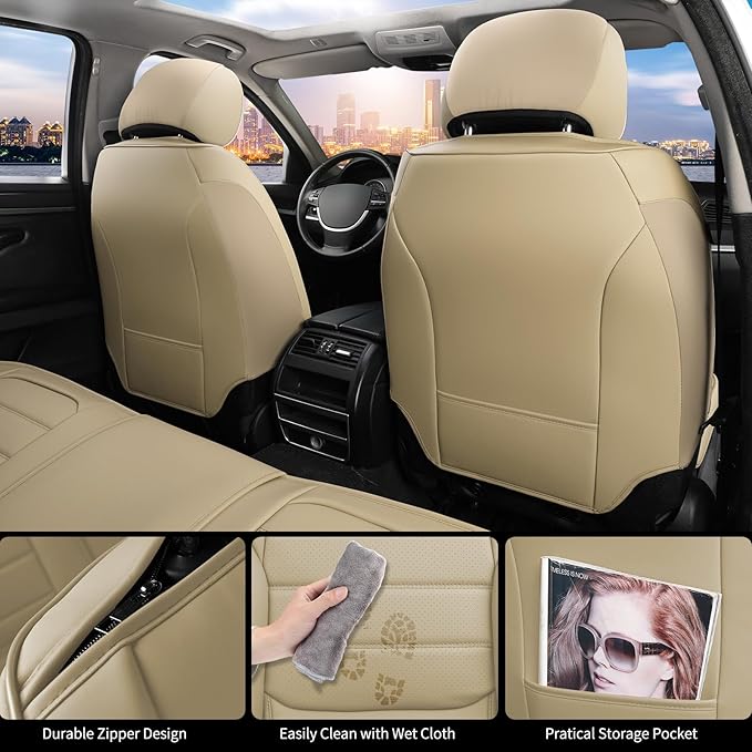 Car Seat Covers Full Set, 5Pcs Universal Leather Seat Covers for Cars, Waterproof Front and Rear Seat Covers, Breathable Automotive Seat Cover for Most Sedans, Trucks, SUVs, Beige