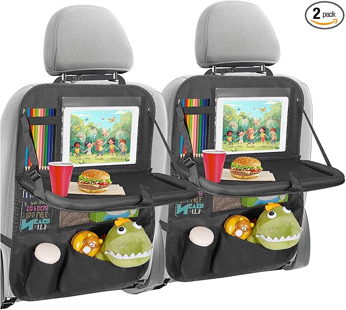 Back Seat Car Organizer with Tablet Holder-2 Pack,6 Storage Pockets Car Storage Organizer with Foldable Food Tray Seat Back Protectors Kids Kick Mats for Travel
