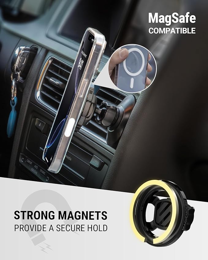 Scosche 5-in-1 MagSafe Car Mount Compatible with Popsocket, Magnetic Vent, Back-of-Display and Dashboard Cell Phone Holder, Tesla Phone Mount Compatible with iPhone 17/16/15/14/13/12, Samsung S25