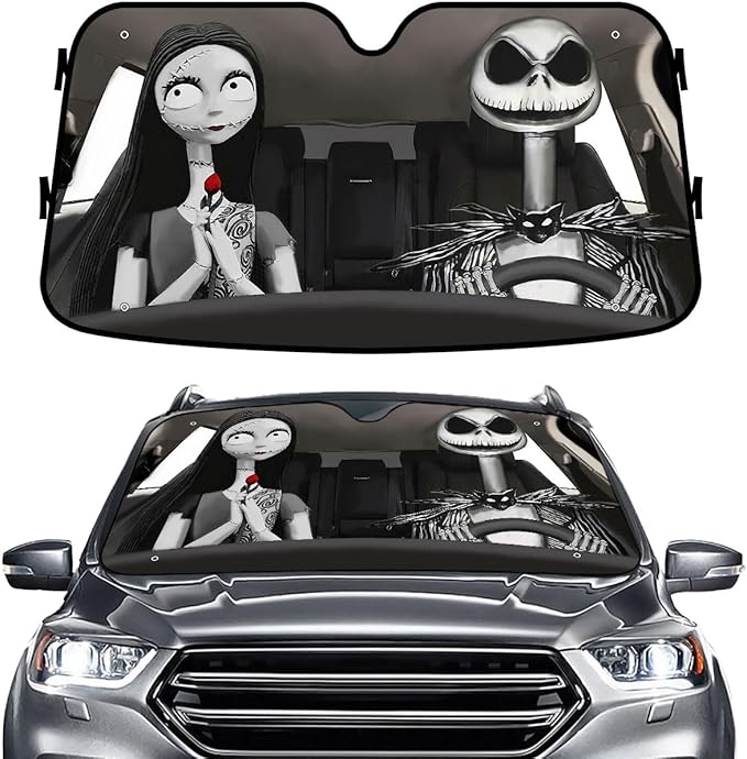 GENANY Nightmare Skellington Couple Horror Windshield Sun Shade for Car SUV Truck (55x30 inches), Sun Shade Windshield, Protector Blocks UV, Auto Gifts, Car Decor