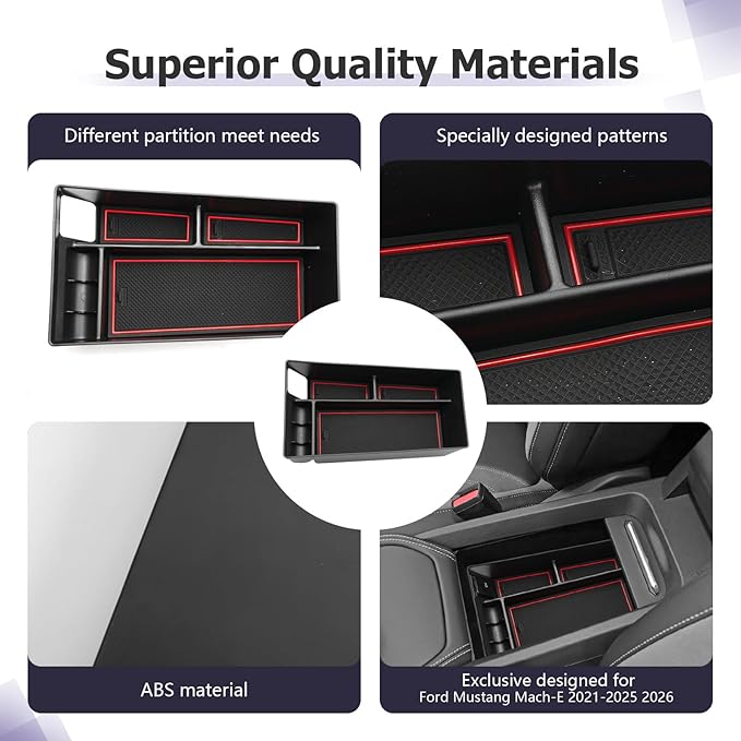 LUWU 2024 Mustang Mach E Center Console Organizer for 2021-2024 Ford Mustang Mach E Select/Premium/GT Accessories Armrest Console Storage Box Glove Organizer Tray ABS Material (Red)