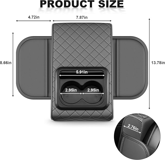 Center Console Cover Fit for Kia Forte 2010-2024 with 2 Storage Bags Waterproof Leather Quilted Pattern Car Armrest Cover Cushion Elevating Pad Anti-Slip(Grey)