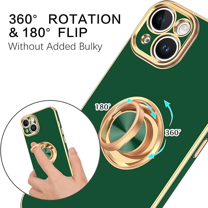 VENINGO iPhone 14 Case, Slim Fit Soft 360 Ring Holder Kickstand Magnetic Car Mount Supported Easy Clean Shockproof Protective Cover for Apple iPhone 14 6.1" 2022, Midnight Green