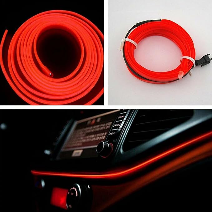 Riloer El Wire Lights for Car, Interior Neon Lights Strip Car LED Strip Light Interior for Car Garden Party Decoration, Car Ambient Lighting Kits, 5m/16.4ft Red LED