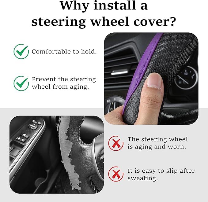 Car Steering Wheel Cover, 15 inch Carbon Fiber Microfiber Anti-Slip Breathable PU Leather Elastic Steering Wheel Protector, Car Interior Accessories for Most Cars (Purple)