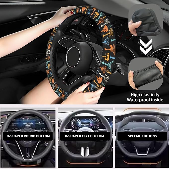 Elastic Car Steering Wheel Cover, Universal 15 inch Non-Slip Breathable Neoprene Steering Wheel Protector, Car Accessories for Women Men Fit Auto, Suvs, Truck Colorful Guitar Vibe