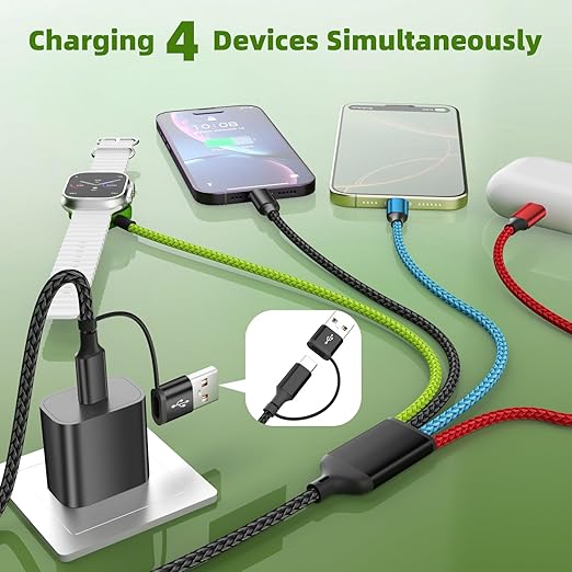 Travel Essentials Watch Charger, Dual Type-C 4 in 2 Multi Charging Cable, USB A/C Travel Charger for Multiple Devices for iWatch Ultra/SE/11-2, iPhone 17-11, Galaxy S25-21, iPad (1PACK 5FT)