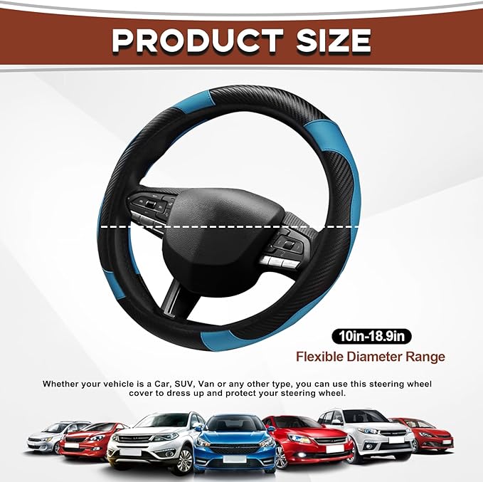 15" Car Steering Wheel Cover, Carbon Fiber Leather Stitching Elastic Steering Wheel Protector, Anti-Slip/Breathable/Durable/Soft, Interior Accessories for Most Cars (Carbon Fiber Black+Blue)