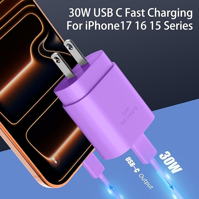 Phone 17 16 15 Charger Fast Charging,30W USB C Phone 17 16 15 Pro Max Charger Block &6.6FT Long Type C Cable Cord for i.Phone 17/Air/17 Pro/17 Pro Max/16/16 Plus/16Pro/16 Pro Max/15/15 Pro Max,Purple