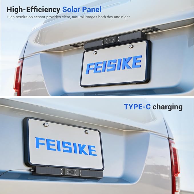 FEISIKE Solar Wireless Backup Camera with 5" 1080P Monitor, 10000mAh Rechargeable Battery, 2-Minute DIY Installation, IP69K Waterproof for Car, Truck, SUV, Van, Trailer