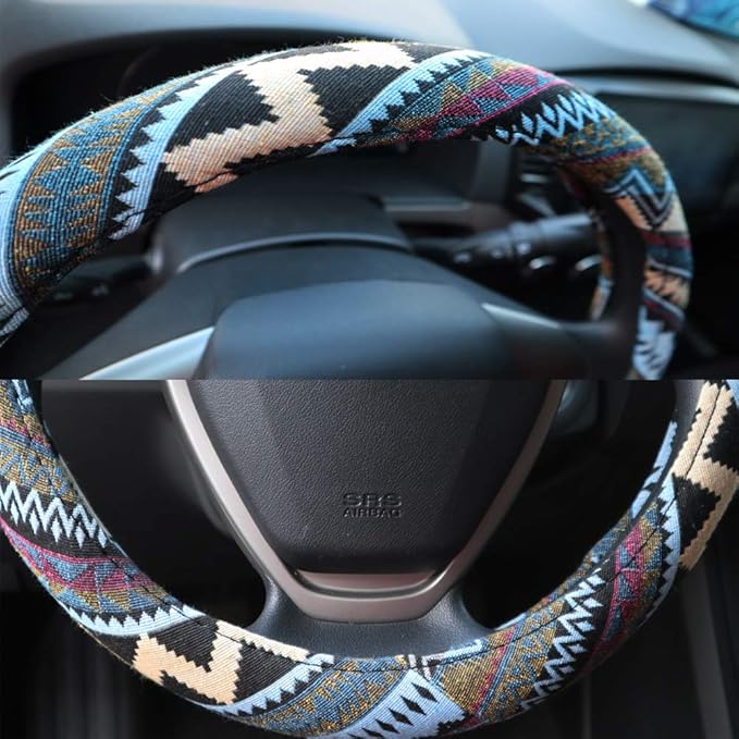 SHIAWASENA Car Steering Wheel Cover, Coarse Flax Cloth, Ethnic Style, Universal 15 Inch Fit, Anti-Slip Sweat-Absorbent (I#)