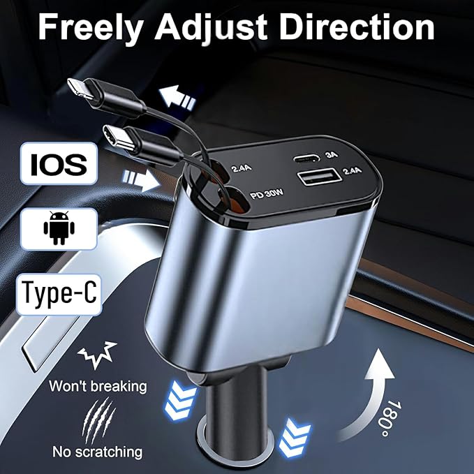 Retractable car Charger USB C, 4 in 1 Fast Car Phone Charger 120W, USBC and Lightening Car Adapter, iPhone 16 pro car Charger, Compatible with iPhone 16/15/14/13/12/11- Pro Max, Galaxy, Pixel