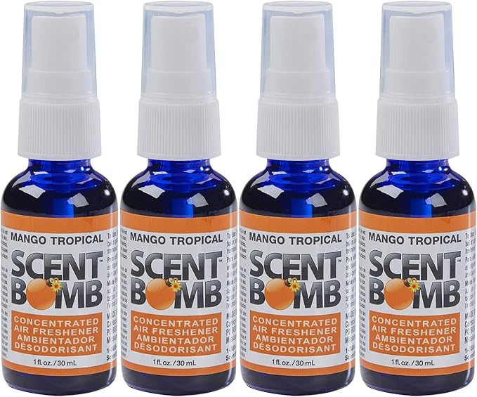 Scent Bomb Air Freshener Spray, Long-Lasting Odor Eliminator - Effective Deodorizer for Home & Car, Fresh Room Spray for Kitchen, Bathroom & Smell Neutralizer - 1 oz Pack of 4, Mango Tropical Scent