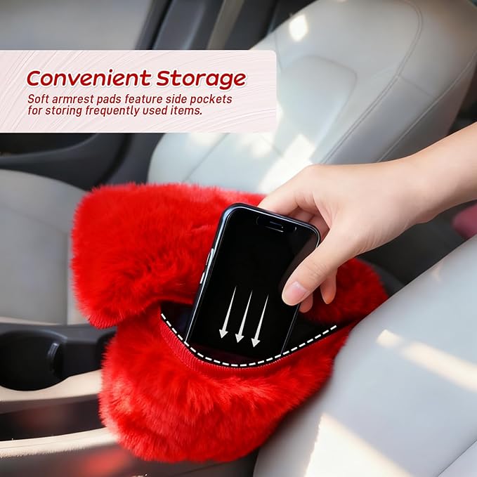 Fluffy Car Armrest Cover with Side Pockets – Plush Fuzzy Fur Center Console Armrest Cushion Pad, Universal Winter Car Interior Protector, Soft Arm Rest Cover with Storage for Women & Men (RED)