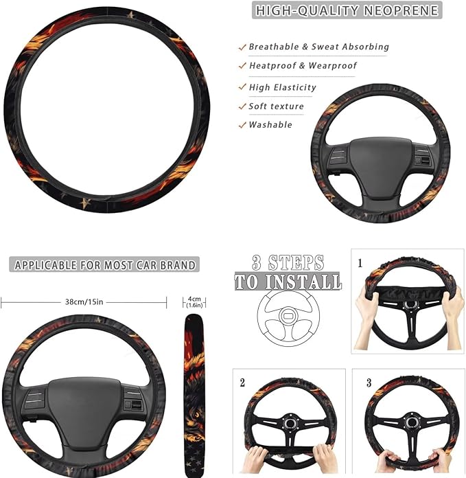 FKELYI American Flag Car Seat Covers - Full Set with Steering Wheel, Gear Shift, Handbrake, Cup Holder, and Headrest Covers
