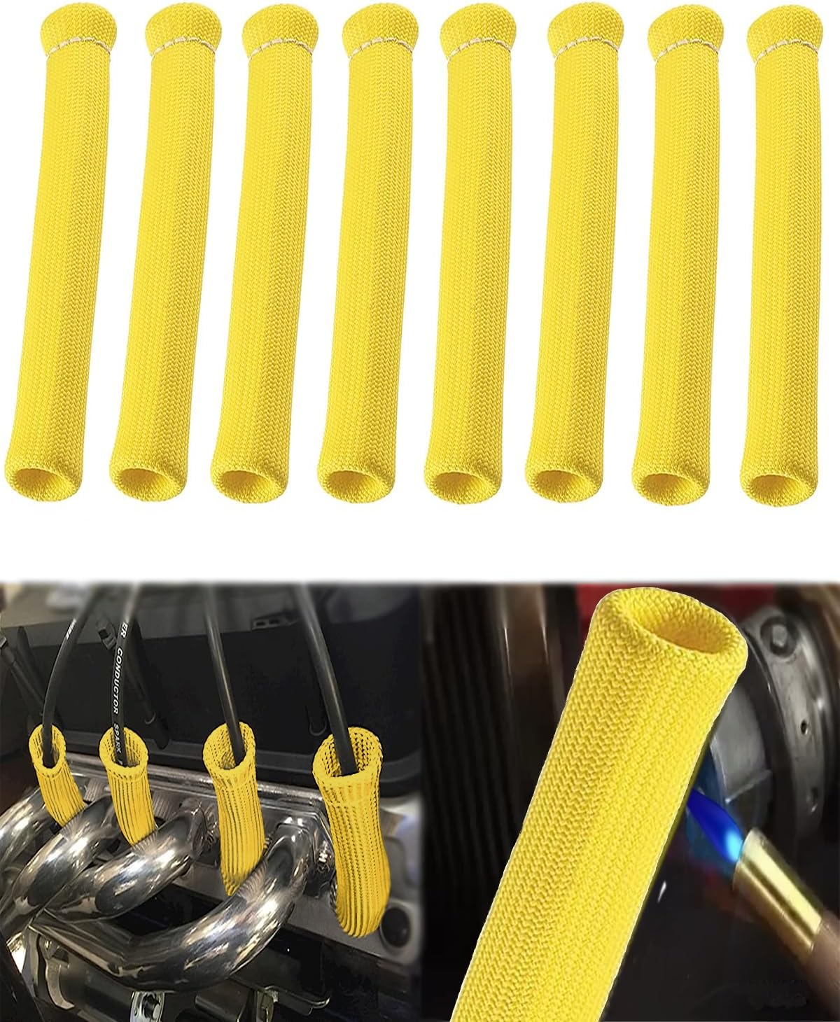 Spark Plug Wire Heat Shield - 8 PCS 2500° Spark Plug Wire Boots Protector, 6 Inches Spark Plug Heat Sleeve Protection Cover Replacement for LS1 / LS2 SBC BBC 350 454 Car Truck, Yellow