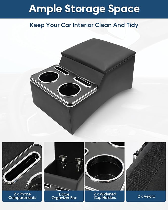 Upgraded Center Console, Truck Bench Front Seats Center Console Organizer and Storage, Cup & Phone Holder for Minivan, SUV, Middle Van