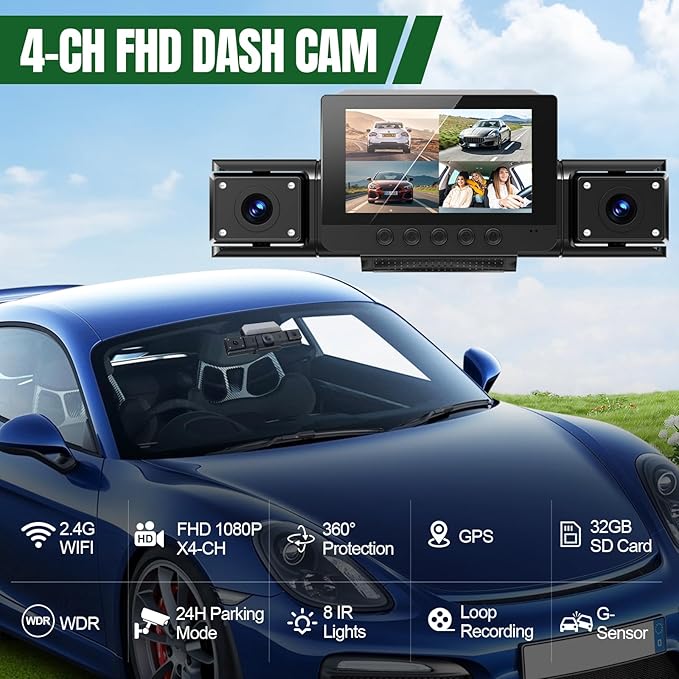 4 Channel Dash Cam,360° All-Around View Front Rear Left Right Inside Car Camera,3" IPS Screen,4-Way Dash Cam with 24H Parking Mode,Built-in GPS,8 IR Night Vision,G-Sensor,Free TF Card Included