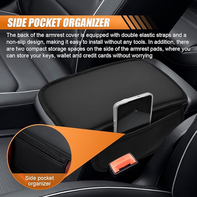 Car Center Console Cover, Leather Waterproof Auto Arm Rest Pad with Storage Bag, Scratch Resistant Middle Console Protector, Comfortable Vehicle Interior Accessories for Sedan SUV (Black)