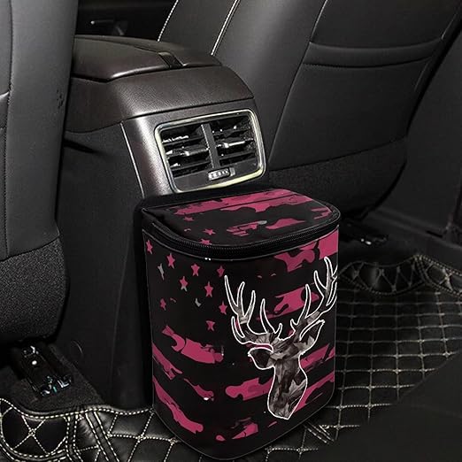 Pink Camo Deer Car Trash Can Auto Garbage Bag with Lid Leak-Proof Car Storage Bag Garbage Bag Hanging for Headrest Portable Vehicle Backseat Organizer