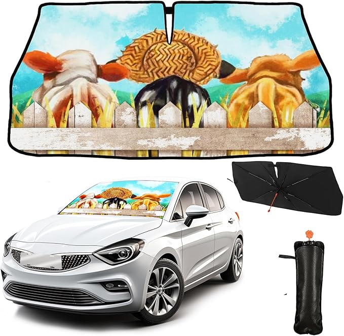 CHILL·TEK Funny Animal Car Windshield Sun Shade Umbrella, Funny Cows Car Sun Shade Umbrella, Block UV Rays Heat Foldable Windshield Umbrella Sun Visor Protector - Keep Vehicle Cool for Cars SUV