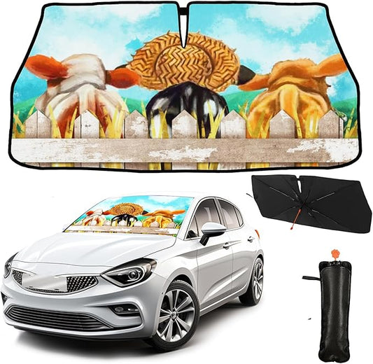 CHILL·TEK Funny Animal Car Windshield Sun Shade Umbrella, Funny Cows Car Sun Shade Umbrella, Block UV Rays Heat Foldable Windshield Umbrella Sun Visor Protector - Keep Vehicle Cool for Cars SUV