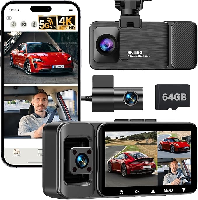 4K Dash Cam Front and Rear Inside, 3-Channel Cars Camera Dash with 170° Wide Angle, Free 64GB SD Card, 5.8GHz WiFi, Night Vision, G-Sensor, Loop Recording, Parking Monitor, USB C, Max 256GB