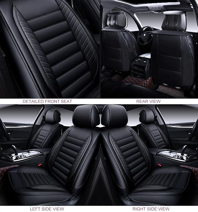 OASIS AUTO Car Seat Covers Front Seats Premium Waterproof Faux Leather Cushion Universal Accessories Fit SUV Truck Sedan Automotive Vehicle Auto Interior Protector (OS-001 Black)