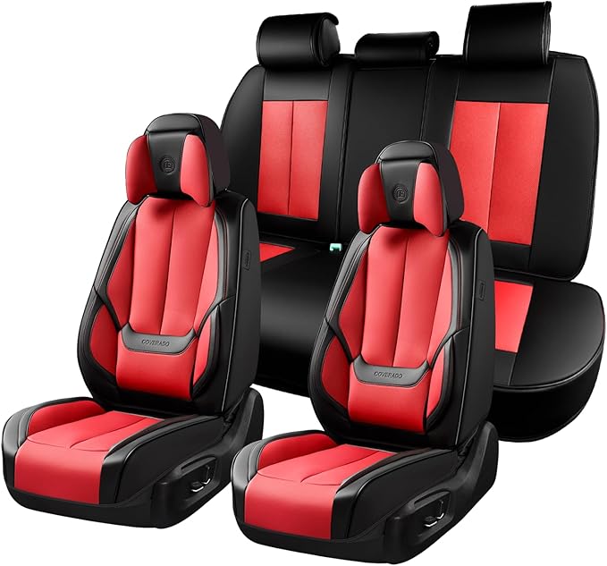 Coverado Seat Covers Full Set, 5 Seats Seat Covers for Cars, Waterproof Nappa Leather Car Seat Covers with Head Pillow, Seat Protectors Car Seat Cushion Universal Fit for Most Cars (Black&Red)