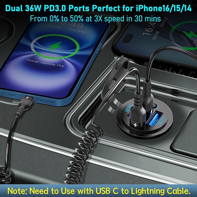12V USB C Outlet 90W 4 Ports Car Charger Socket, Dual PD 36W and Dual QC 18W Car USB Port 12V Charger with Button Switch and C to C Cable, Suitable for Boat Marine Bus Truck Golf RV Motorcycle