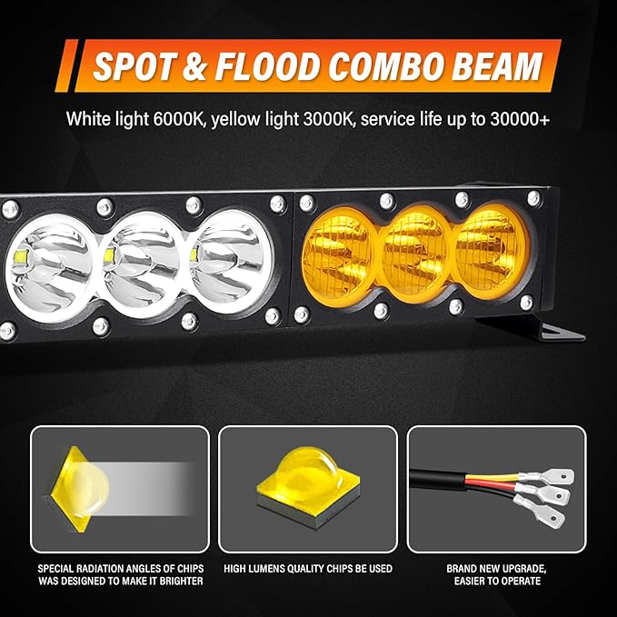 Willpower 22 inch LED Light Bar Single Row White Amber Dual Color 120W Off Road Light Bar Spot Flood Combo LED Work Light Truck UTV 4x4 Cars SUVs ATVs Boats Fog Driving Light with Wiring Harness kit