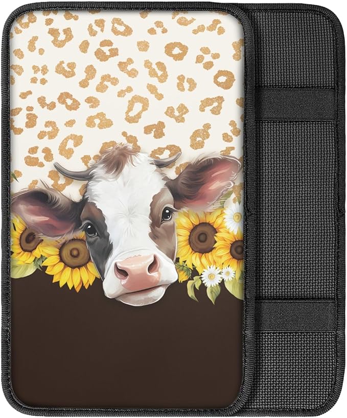 UNICEU Sunflower Farm Cow Print Car Center Console Armrest Cove Neoprene Soft Car Armrest Box Cover Pad Auto Interior Decor Accessoires
