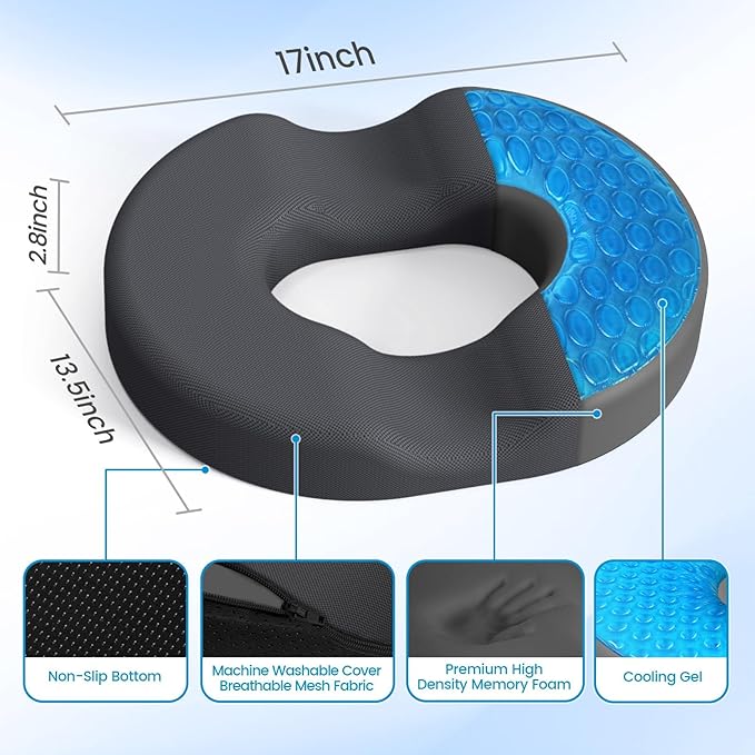 Donut Pillow Seat Cushion - Cooling Gel Outdoor Chair Cushions, Memory Foam Seat Cushion for Office & Home, Car Seat and Patio Furniture Cushions, Hemorrhoids Pillow and Tailbone Pain Relief, Grey