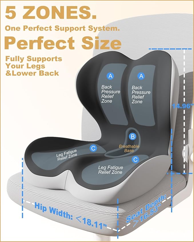 Lumbar Support Seat Cushion, Memory Foam Ergonomic Cushion for Sciatica, Hip & Tailbone Pain Relief – Office Chair, Car Seat, Gaming Chair for Long Hours Sitting & Drivers