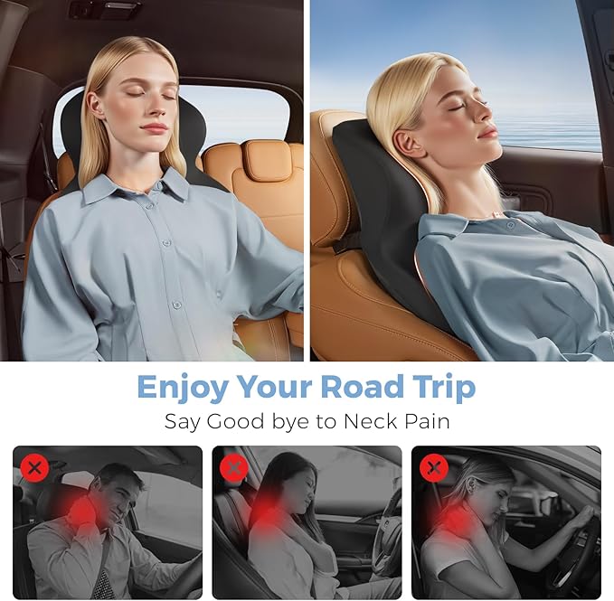 BEBAS Car Headrest Pillow, Ergonomic Neck Pillow with Memory Foam, Enlarged Surface for Head Neck Shoulder Support, Breathable Removeable Car Seat Pillow for Pain Relief(Black, 1 Pack)