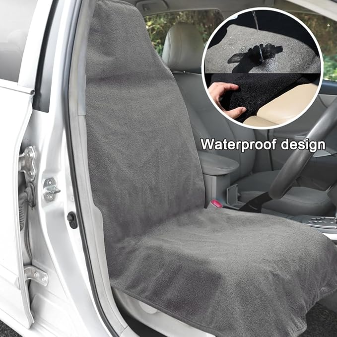 Waterproof Car Towel Seat Cover, Sweating Non-Slip Premium Towel Carseat Cover Protector, Universal Soft Machine Washable Car Truck SUV Front Seat Cover for Gym Workout Beach Hiking (Gray)