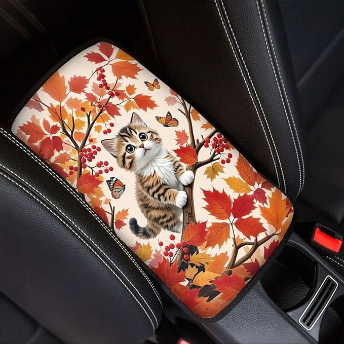 Maple Leaves Cat Soft Armrest Seat Box Cover Car Armrest Cushion Car Decor Protective Car Accessories Universal Fit for Most Cars, Vehicles, SUVs
