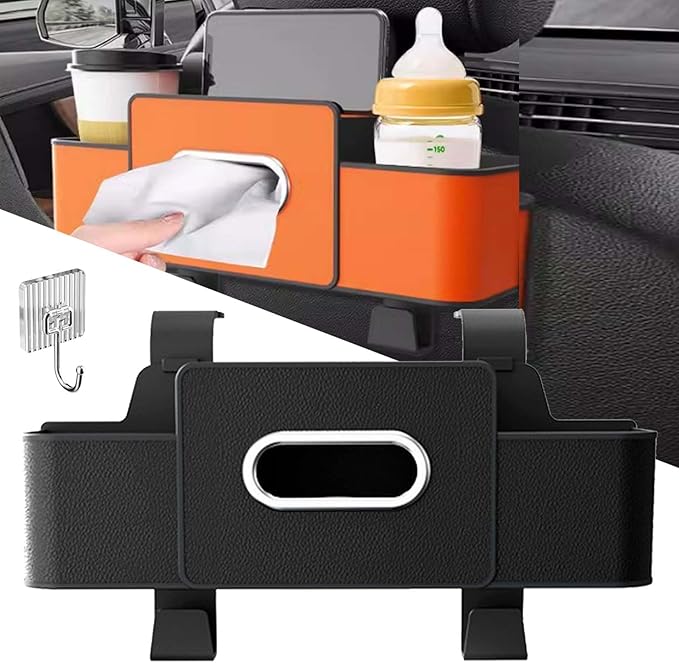 3-in-1 Car Backseat Organizer, 2026 Upgraded Multifunctional Car Seat Back Storage Box, Backseat Car Organizer with 2 Cup Holders, Tissue Box & Hooks, Universal Car Essentials (Black)