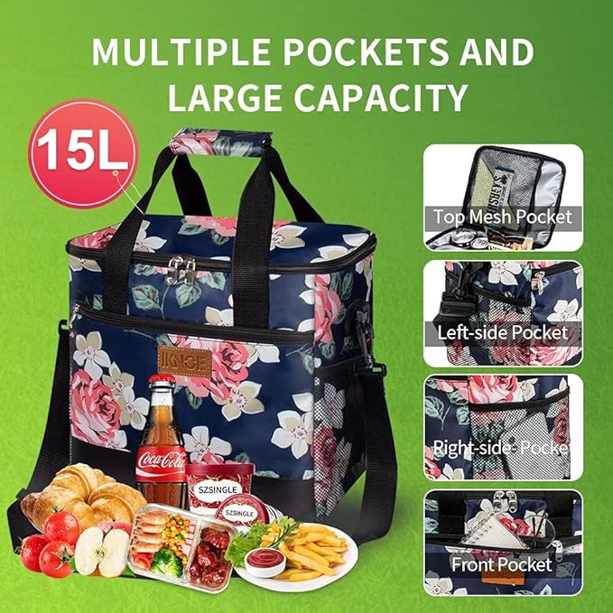 Iknoe Large Cooler Bag Collapsible 24 Can Insulated Leakproof Lunch Cooler Tote with Multi-Pockets for Adult Insulated Thermal Bag for Beach, Picnic, Office Work (Flower)